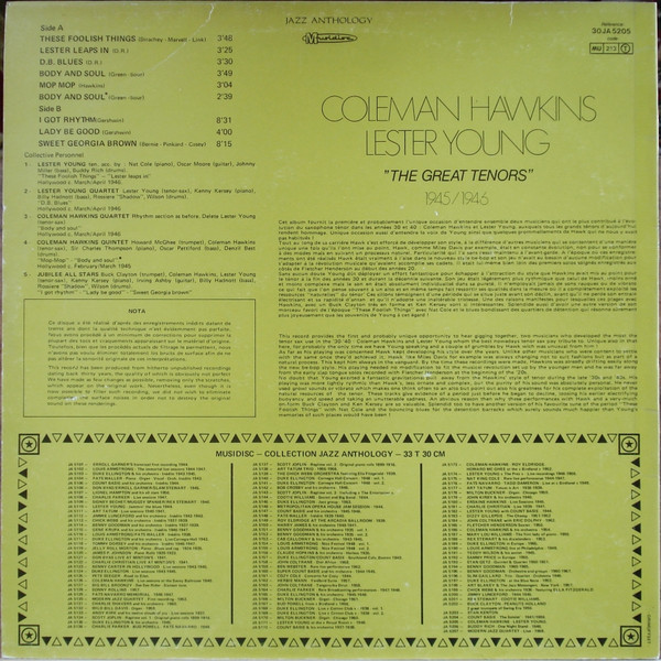 Coleman Hawkins / Lester Young - The Great Tenors 1945/1946 | Musidisc (30 JA 5205) - 2