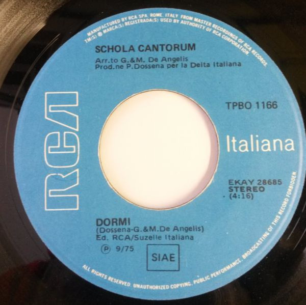 Schola Cantorum - Le Tre Campane / Dormi | RCA (TPBO 1166) - 4