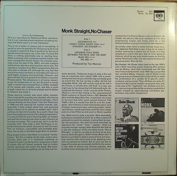 Thelonious Monk - Straight, No Chaser | Columbia (PC 9451) - 2