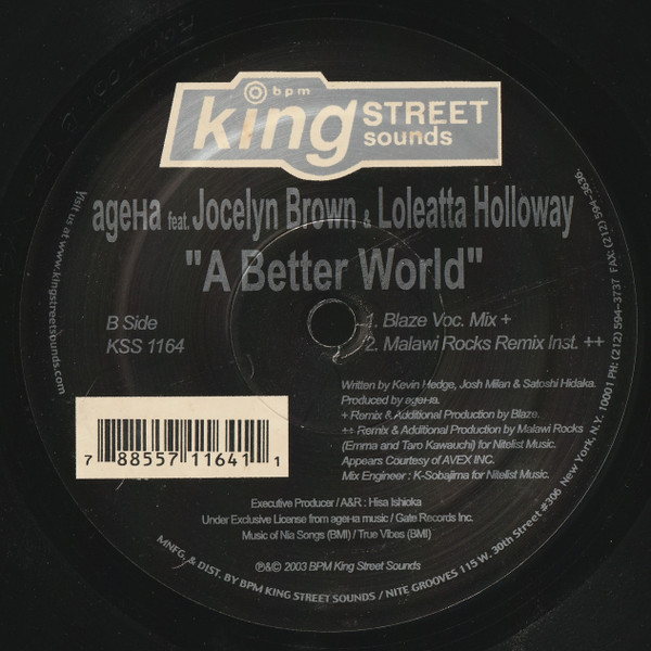 AgeHa Feat. Jocelyn Brown & Loleatta Holloway - A Better World | BPM King Street Sounds (KSS 1164) - 2 AgeHa Feat. Jocelyn Brown & Loleatta Holloway - A Better World | BPM King Street Sounds (KSS 1164) - 2