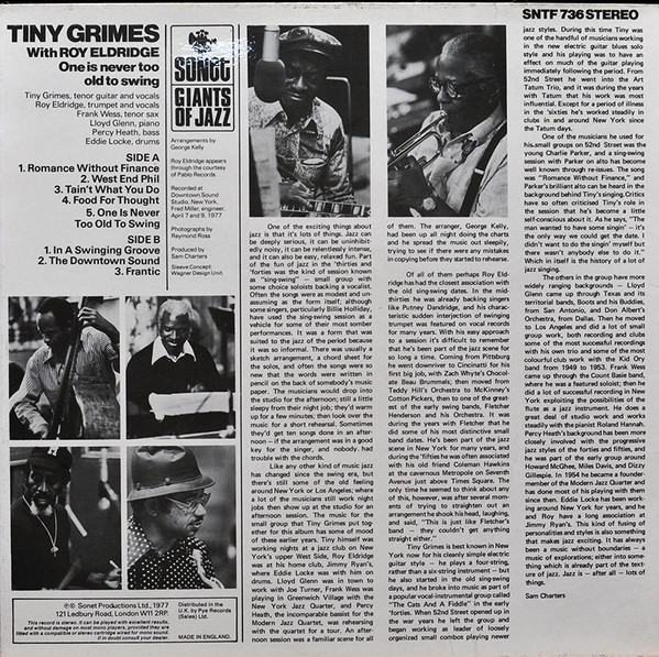 Tiny Grimes With Roy Eldridge - One Is Never Too Old To Swing | Sonet (SNTF 736) - 2