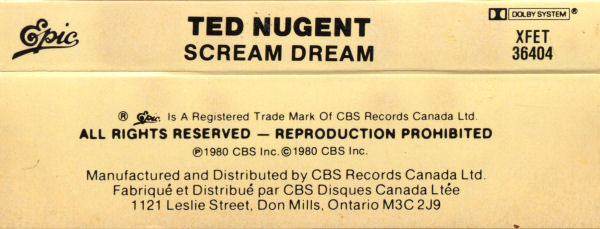 Ted Nugent - Scream Dream [Cassette] | Epic (XFET 36404) - 2
