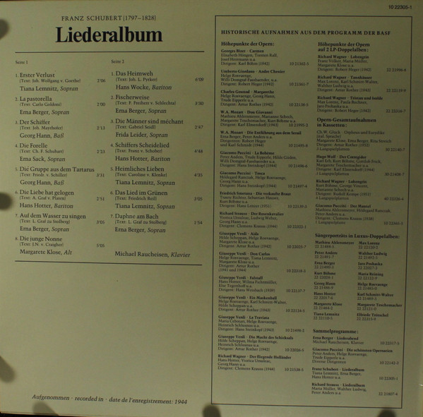 Franz Schubert , Erna Berger , Margarete Klose , Frida Leider , Tiana Lemnitz , Erna Sack , Georg Hann , Hans Hotter , Hans Wocke , Klavier: Michael Raucheisen - Liederalbum - Historische Aufnahmen Aus Dem Jahre 1944 | BASF (10 22305-1) - 2 Franz Schubert , Erna Berger , Margarete Klose , Frida Leider , Tiana Lemnitz , Erna Sack , Georg Hann , Hans Hotter , Hans Wocke , Klavier: Michael Raucheisen - Liederalbum - Historische Aufnahmen Aus Dem Jahre 1944 | BASF (10 22305-1) - 2