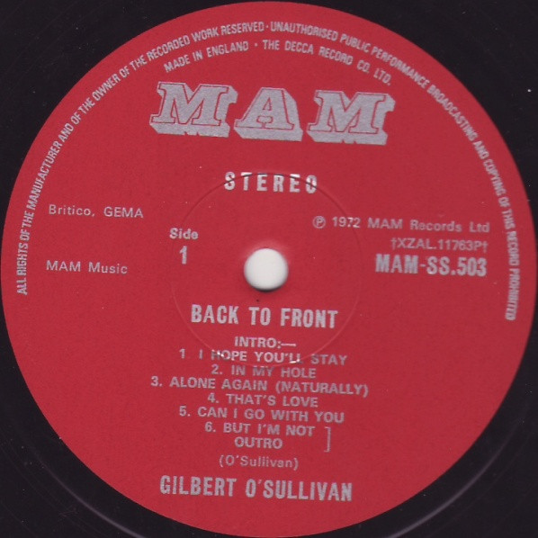 Gilbert O'Sullivan - Back To Front | MAM (MAM-SS.503) - 3