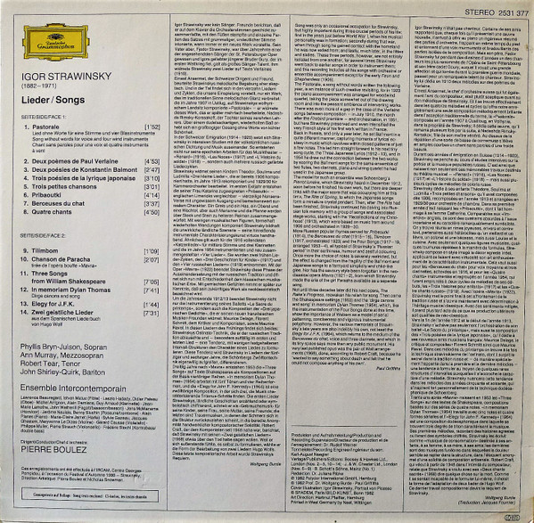 Igor Stravinsky - Phyllis Bryn-Julson · Ann Murray · Robert Tear · John Shirley-Quirk , Ensemble InterContemporain · Pierre Boulez - Songs | Deutsche Grammophon (2531 377) - 2