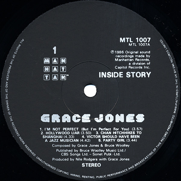 Grace Jones - Inside Story | Manhattan Records (MTL 1007) - 3 Grace Jones - Inside Story | Manhattan Records (MTL 1007) - 3