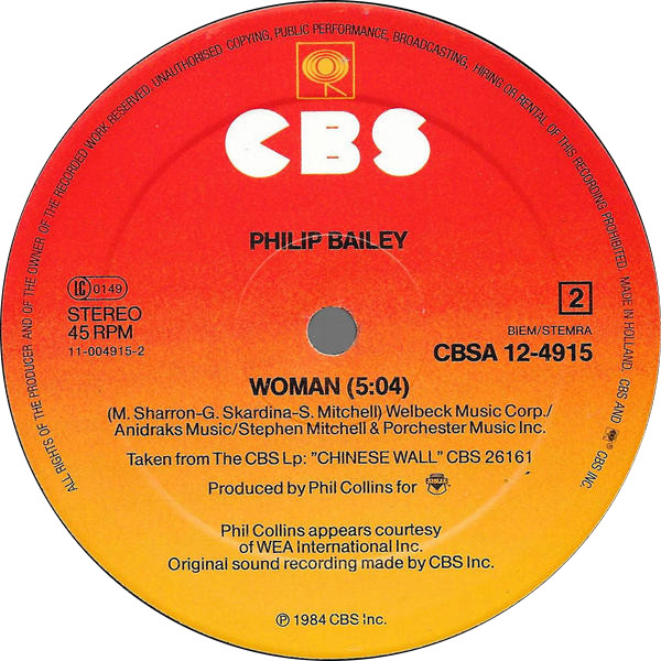 Philip Bailey Duet With Phil Collins / Philip Bailey - Easy Lover (Extended Dance Remix) b/w Woman | CBS (CBSA 12.4915) - 4