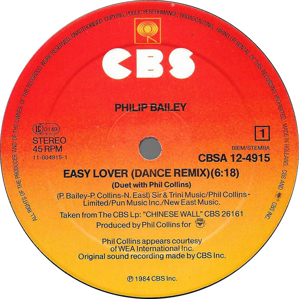 Philip Bailey Duet With Phil Collins / Philip Bailey - Easy Lover (Extended Dance Remix) b/w Woman | CBS (CBSA 12.4915) - 3
