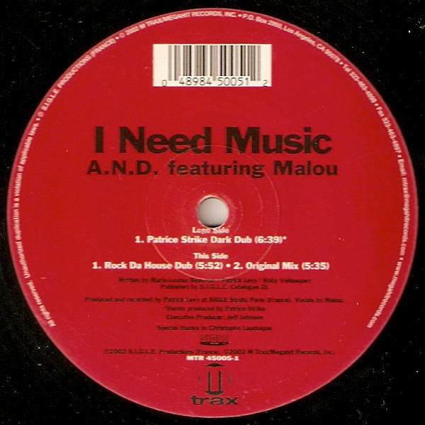 A.N.D. Featuring Malou - I Need Music | M Trax (MTR 45005-1)