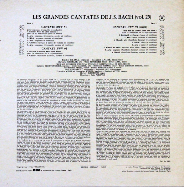 Johann Sebastian Bach / Emiko Liyama − Barbara Scherler - Theo Altmeyer - Bruce Abel - Heinrich-Schütz-Chor Heilbronn − Südwestdeutsches Kammerorchester - Maurice André - Fritz Werner - Les Grandes Cantates De Bach (Vol. 25)  : Cantate BWV 51 / Cantate BWV 92 | Erato (STU 70664) - 2