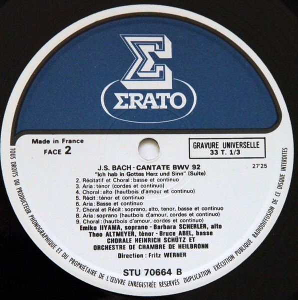 Johann Sebastian Bach / Emiko Liyama − Barbara Scherler - Theo Altmeyer - Bruce Abel - Heinrich-Schütz-Chor Heilbronn − Südwestdeutsches Kammerorchester - Maurice André - Fritz Werner - Les Grandes Cantates De Bach (Vol. 25)  : Cantate BWV 51 / Cantate BWV 92 | Erato (STU 70664) - 4