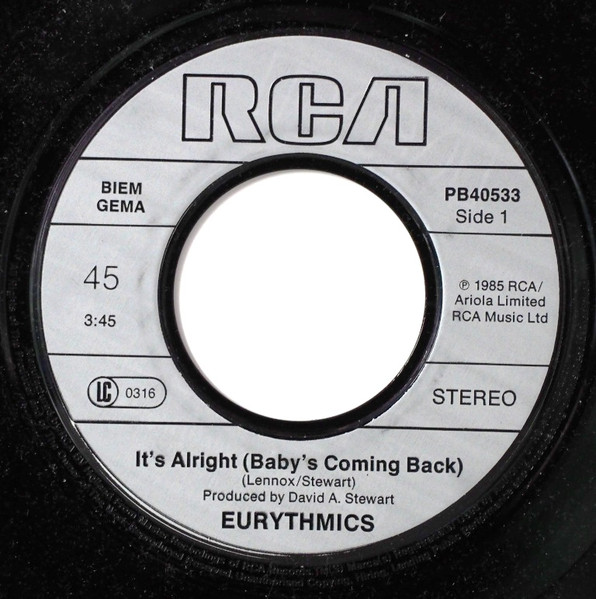 Eurythmics - It's Alright — (Baby's Coming Back) | RCA (PB40533) - 3