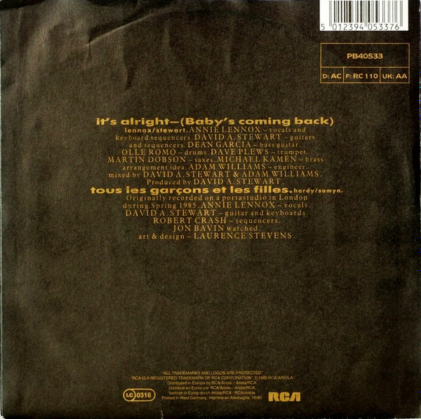 Eurythmics - It's Alright — (Baby's Coming Back) | RCA (PB40533) - 2