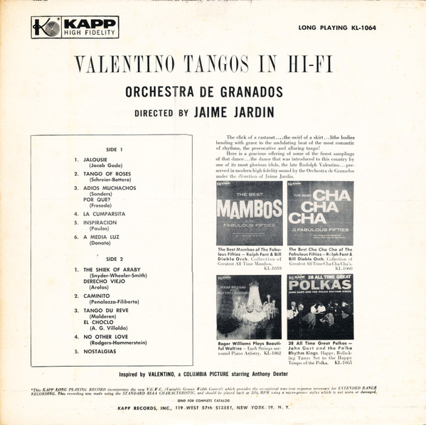 Orchestra De Granados - Valentino Tangos In Hi-Fi | Kapp Records (KL-1064)