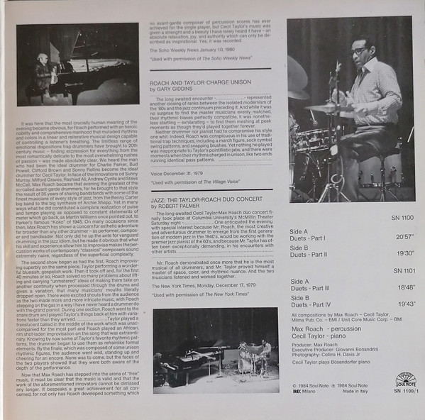 Max Roach And Cecil Taylor - Historic Concerts | Soul Note (SN 1100/1101) - 4