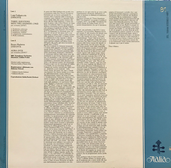 Luigi Dallapiccola / Bruno Maderna - BBC Symphony Orchestra , Zoltán Peskó - Three Questions With Two Answers / Aura | Italia (ITL 70044) - 2