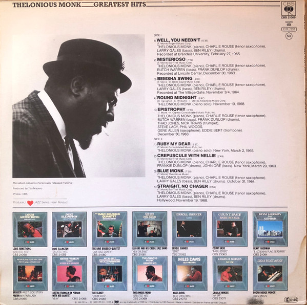 Thelonious Monk - Greatest Hits | CBS (CBS 21069) - 2