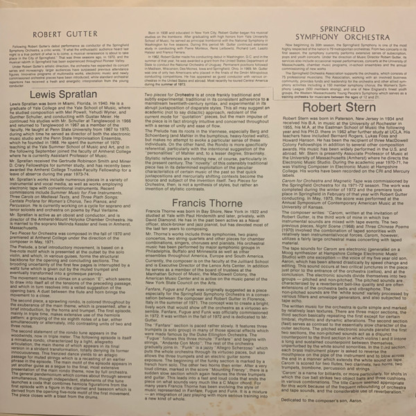 Robert Stern / Lewis Spratlan / Francis Thorne - Carom For Orchestra And Magnetic Tape / Two Pieces For Orchestra / Fanfare, Fugue And Funk | Opus One (Number 19) - 3