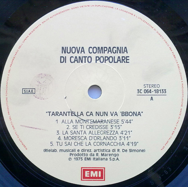 Nuova Compagnia Di Canto Popolare - Tarantella Ca Nun Va 'Bbona | EMI (3C 064-18133) - 3