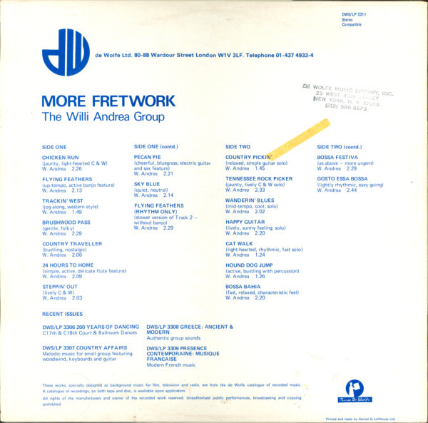 The Willi Andrea Group - More Fretwork | Music De Wolfe (DWS/LP 3311) - 2