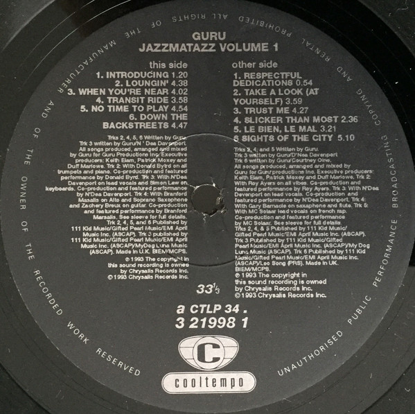 Guru - Jazzmatazz (Volume 1) | Chrysalis (3 21998 1) - 3
