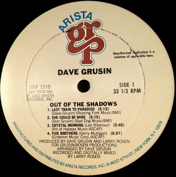 Dave Grusin - Out Of The Shadows | Arista GRP (GRP 5510) - 3