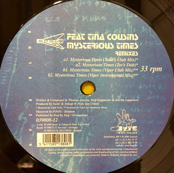 Sash! Feat Tina Cousins - Mysterious Times (The Todd Terry & Viper Remixes) | Byte Records (039808-12) - 3
