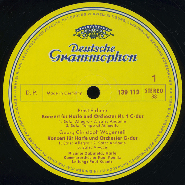 Nicanor Zabaleta , Ernst Eichner ∙ Georg Christoph Wagenseil ∙ Carl Ditters von Dittersdorf ∙ Wolfgang Amadeus Mozart , Orchestre de Chambre Paul Kuentz ∙ Paul Kuentz - Nicanor Zabaleta | Deutsche Grammophon (139 112 SLPM) - 3