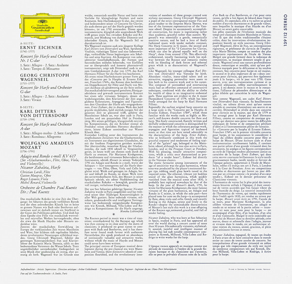 Nicanor Zabaleta , Ernst Eichner ∙ Georg Christoph Wagenseil ∙ Carl Ditters von Dittersdorf ∙ Wolfgang Amadeus Mozart , Orchestre de Chambre Paul Kuentz ∙ Paul Kuentz - Nicanor Zabaleta | Deutsche Grammophon (139 112 SLPM) - 2