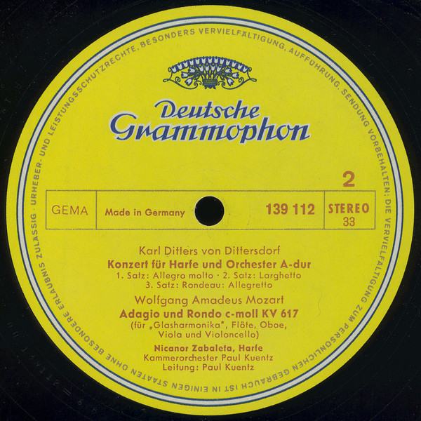 Nicanor Zabaleta , Ernst Eichner ∙ Georg Christoph Wagenseil ∙ Carl Ditters von Dittersdorf ∙ Wolfgang Amadeus Mozart , Orchestre de Chambre Paul Kuentz ∙ Paul Kuentz - Nicanor Zabaleta | Deutsche Grammophon (139 112 SLPM) - 4