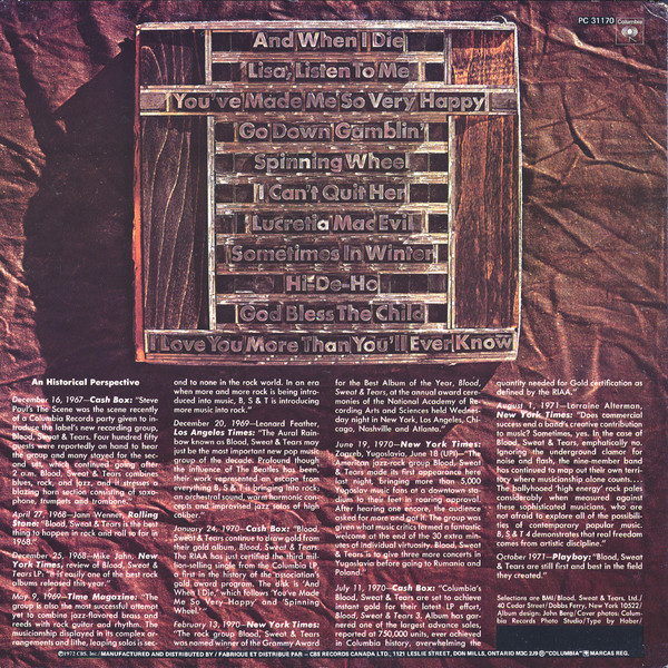 Blood, Sweat And Tears - Blood, Sweat And Tears Greatest Hits [Vinyl] | Columbia (PC 31170) - 2