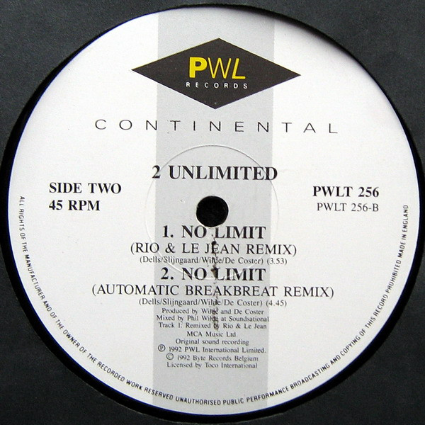 2 Unlimited - No Limit | PWL Continental (PWLT 256) - 4