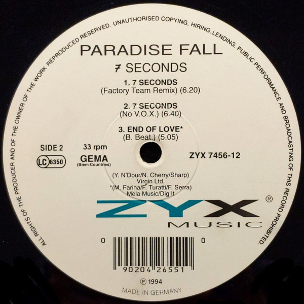 Paradise Fall - 7 Seconds | ZYX Music (ZYX 7456-12)