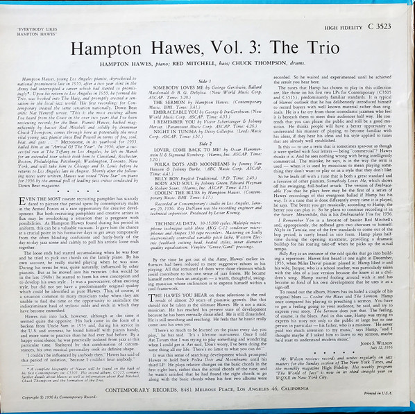 Hampton Hawes - Everybody Likes Hampton Hawes, Vol. 3: The Trio | Contemporary Records (C3523) - 2