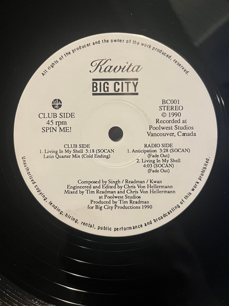 Kavita - Living In My Shell | Big City (BC001) - main