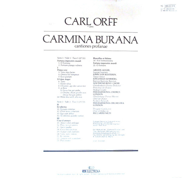 Carl Orff , Riccardo Muti - Carmina Burana | His Master's Voice (1C 065-03 578) - 3