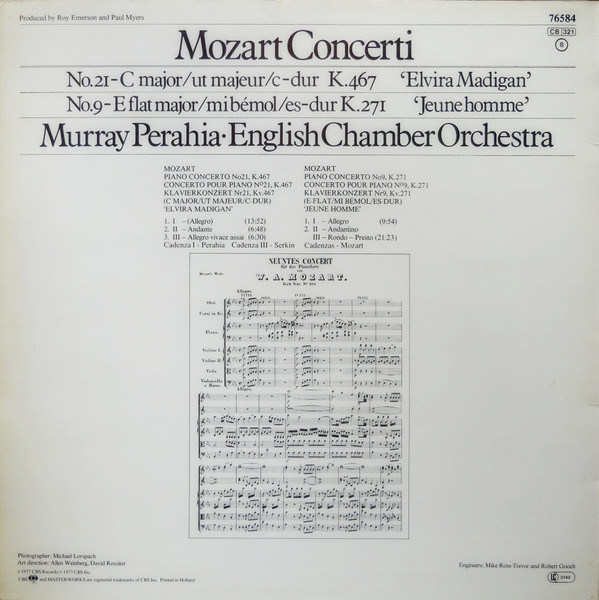 Murray Perahia , Wolfgang Amadeus Mozart , English Chamber Orchestra - Mozart Concerti, No. 21, K. 467, C Major, No. 9, K.271 E Flat | CBS Masterworks (76 584) - 2