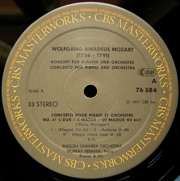 Murray Perahia , Wolfgang Amadeus Mozart , English Chamber Orchestra - Mozart Concerti, No. 21, K. 467, C Major, No. 9, K.271 E Flat | CBS Masterworks (76 584) - 3