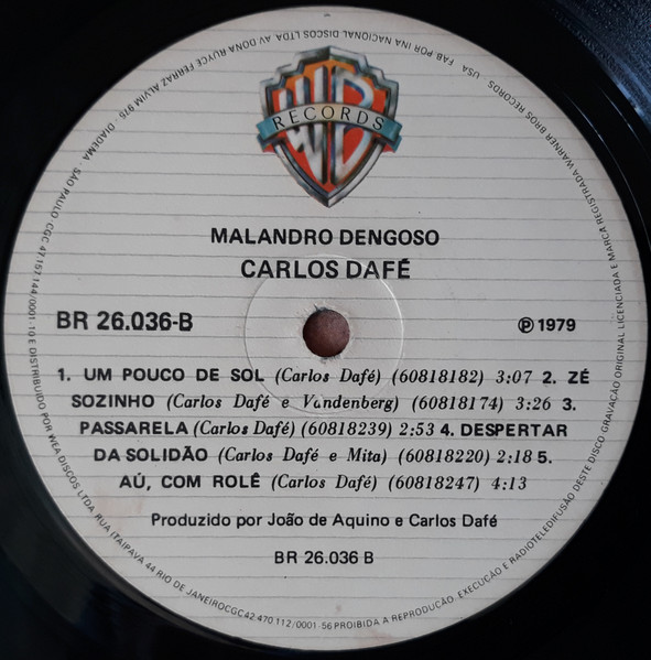 Carlos Dafé - Malandro Dengoso | Warner Bros. Records (BR 26.036) - 3