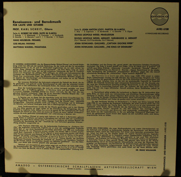 Karl Scheit - Renaissance- und Barockmusik für Laute und Gitarre | Amadeo (AVRS 6108) - 2