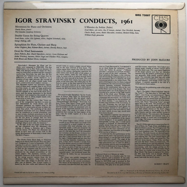 Igor Stravinsky - Igor Stravinsky Conducts, 1961 | CBS (BRG 72007) - 2