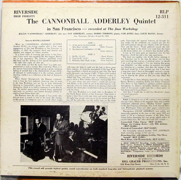 The Cannonball Adderley Quintet Featuring Nat Adderley - The Cannonball Adderley Quintet In San Francisco | Riverside Records (RLP 12-311) - 2