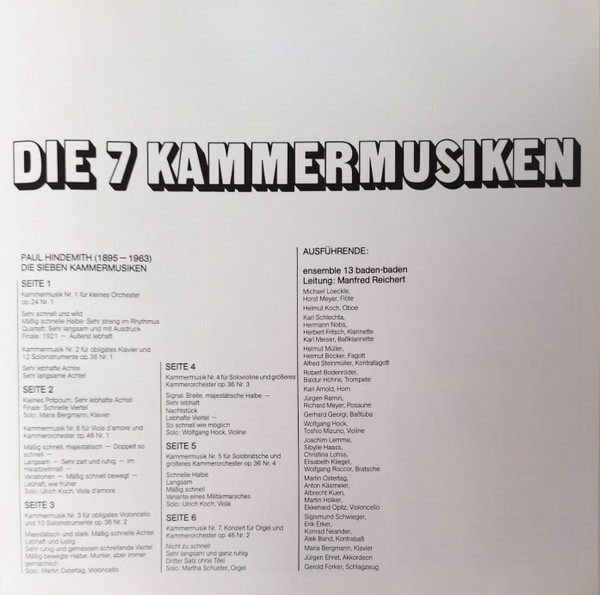 Paul Hindemith , Ensemble 13 , Manfred Reichert , Maria Bergmann , Martha Schuster , Wolfgang Hock , Ulrich Koch , Martin Ostertag - Die 7 Kammermusiken | Deutsche Harmonia Mundi (1C 65-99 721/23) - 3