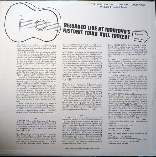 Carlos Montoya - The Incredible Carlos Montoya - Gala New York Town Hall - Sold Out | RCA Victor (LSP 2566) - 2