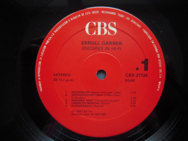 Erroll Garner - Encores In Hi Fi | CBS (CBS 21134) - 3