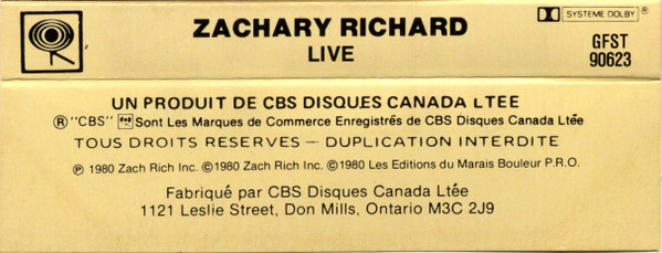 Zachary Richard - LIVE [Cassette] | CBS (GFST 90623) - 2