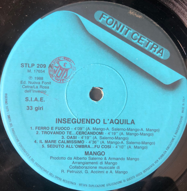 Mango - Inseguendo L'Aquila | Fonit Cetra (STLP 209) - 3