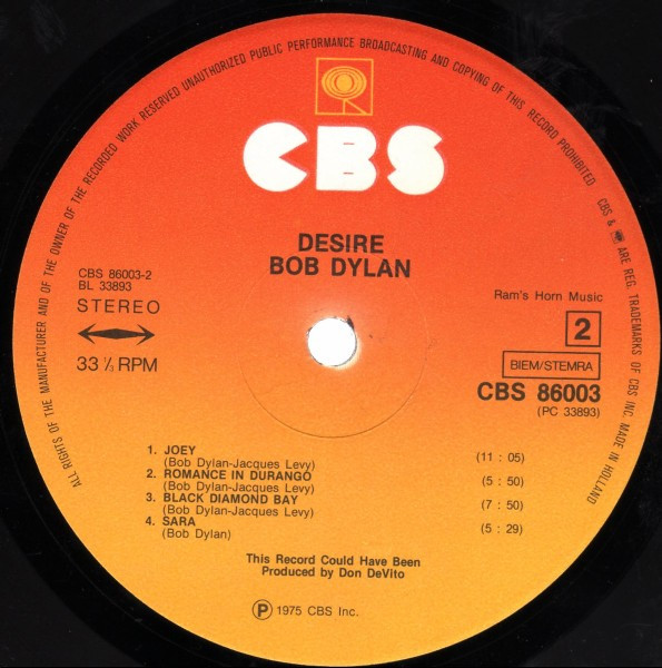 Bob Dylan - Desire | CBS (CBS 86003) - 4