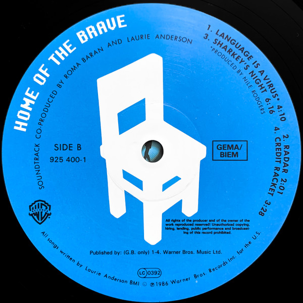 Laurie Anderson - Home Of The Brave | Warner Bros. Records (925 400-1) - 2