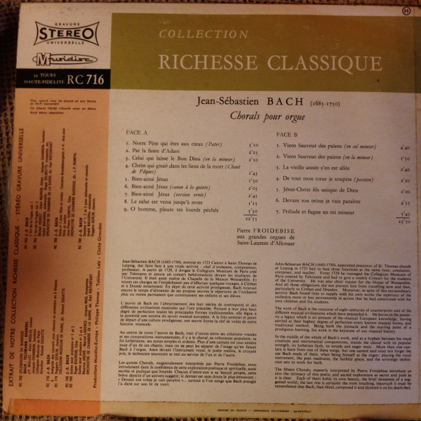 Johann Sebastian Bach / Pierre Froidebise - Chorals Pour Orgue | Musidisc (30 RC 716) - 2